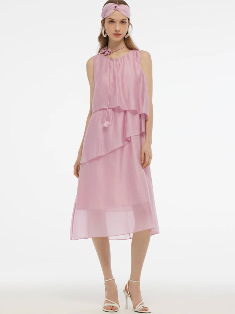 Ruffle Women Tiered Vest Midi Dress With Hairband And Bowknot Choker